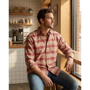 Tommy Hilfiger Mens L Plaid Button Down Shirt Red Tan Cotton Long‎ Sleeve Large